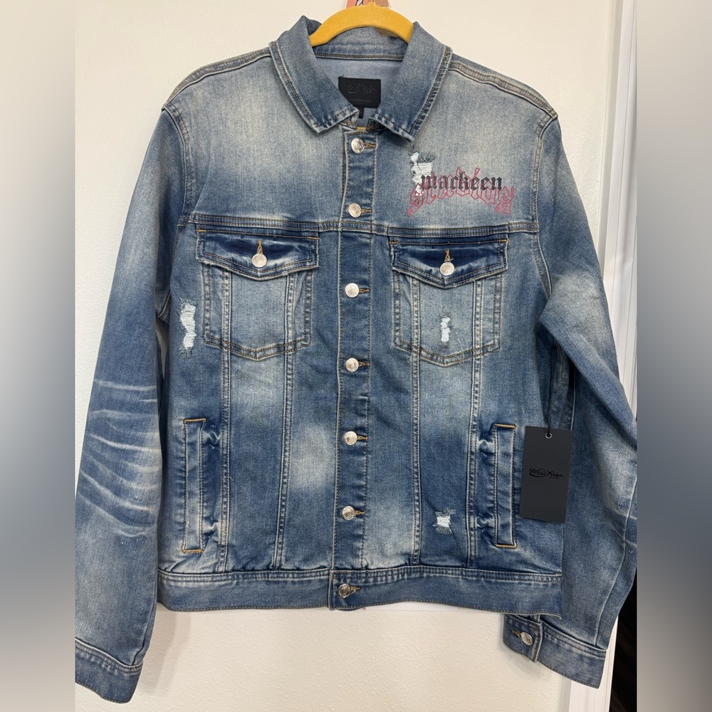 MACKEEN Men's Mack Skeleton rhinestone Stretch SLIM FIT Denim Jean Jacket 2XL